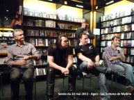 23 mai 2012 : rencontre à la librairie Martin-Delbert (Agen). Soirée animée par Michel Gardère (en arrière-plan), en présence d'Éric Giacometti, Sir Cédric, David S. Khara et moi-même (de gauche à droite).