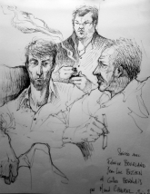 Rencontre littéraire organisée par Éric Poindron : avec Jean-Luc Bizien, Gilles Bornais et Fabrice Bourland. Dessin de Maud Chalmel.